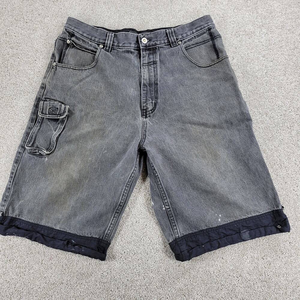 Vintage‎ Muka Mens Jean Shorts 38 Gray Cargo Denim Distressed Streetwear Y2K Rap